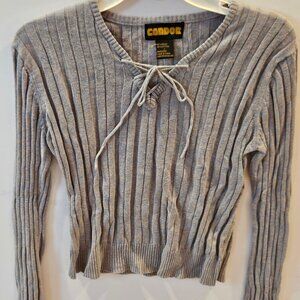 Candor Casual Women Top Lace Up V Neck Junior Size Large Blue Gray Long Sleeve